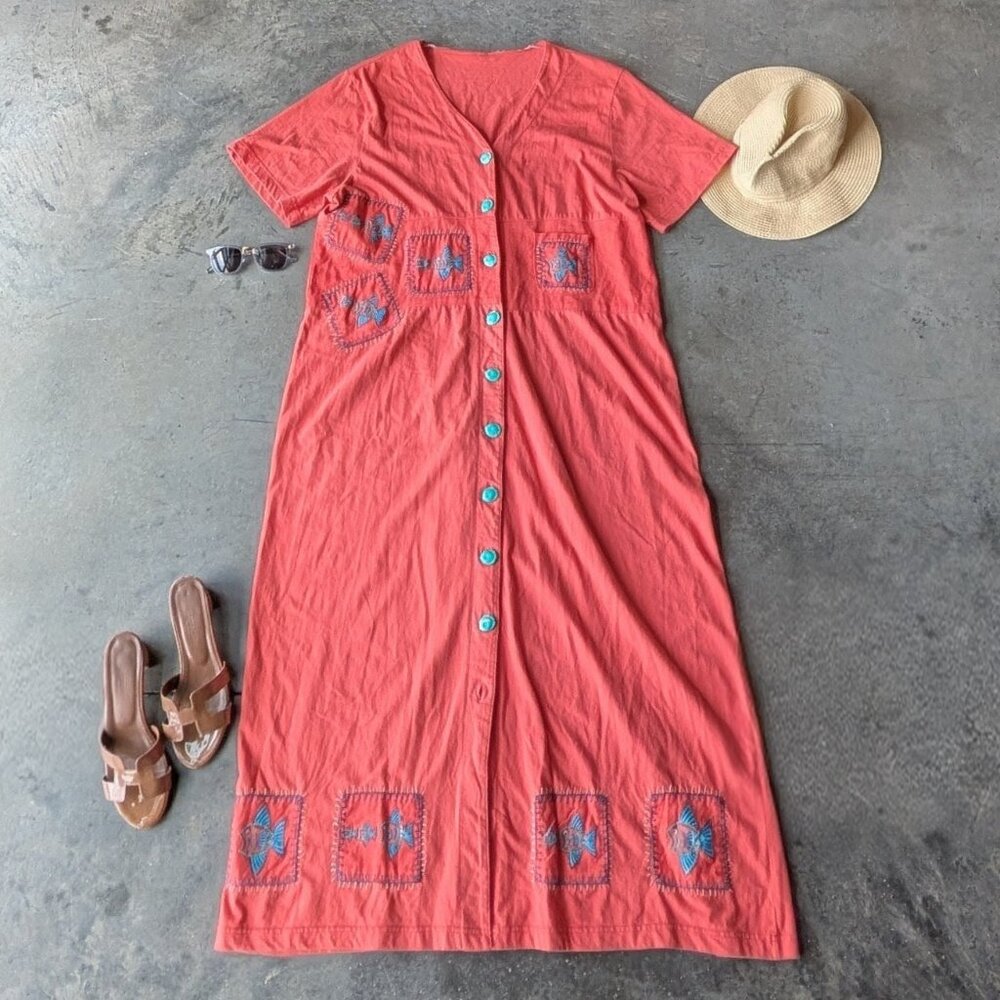 Vintage Fish Embroidered Orange Teal Button Maxi Dress Cottagecore Summer